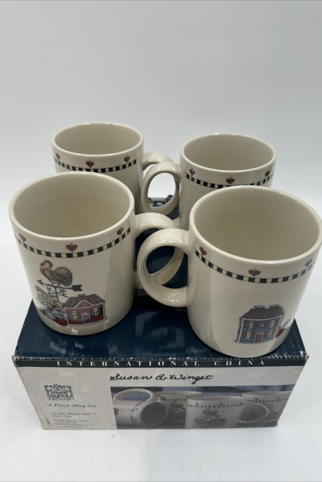 Certified International Susan Winget 4- Coffee Mugs Windy Hill Scene NIB