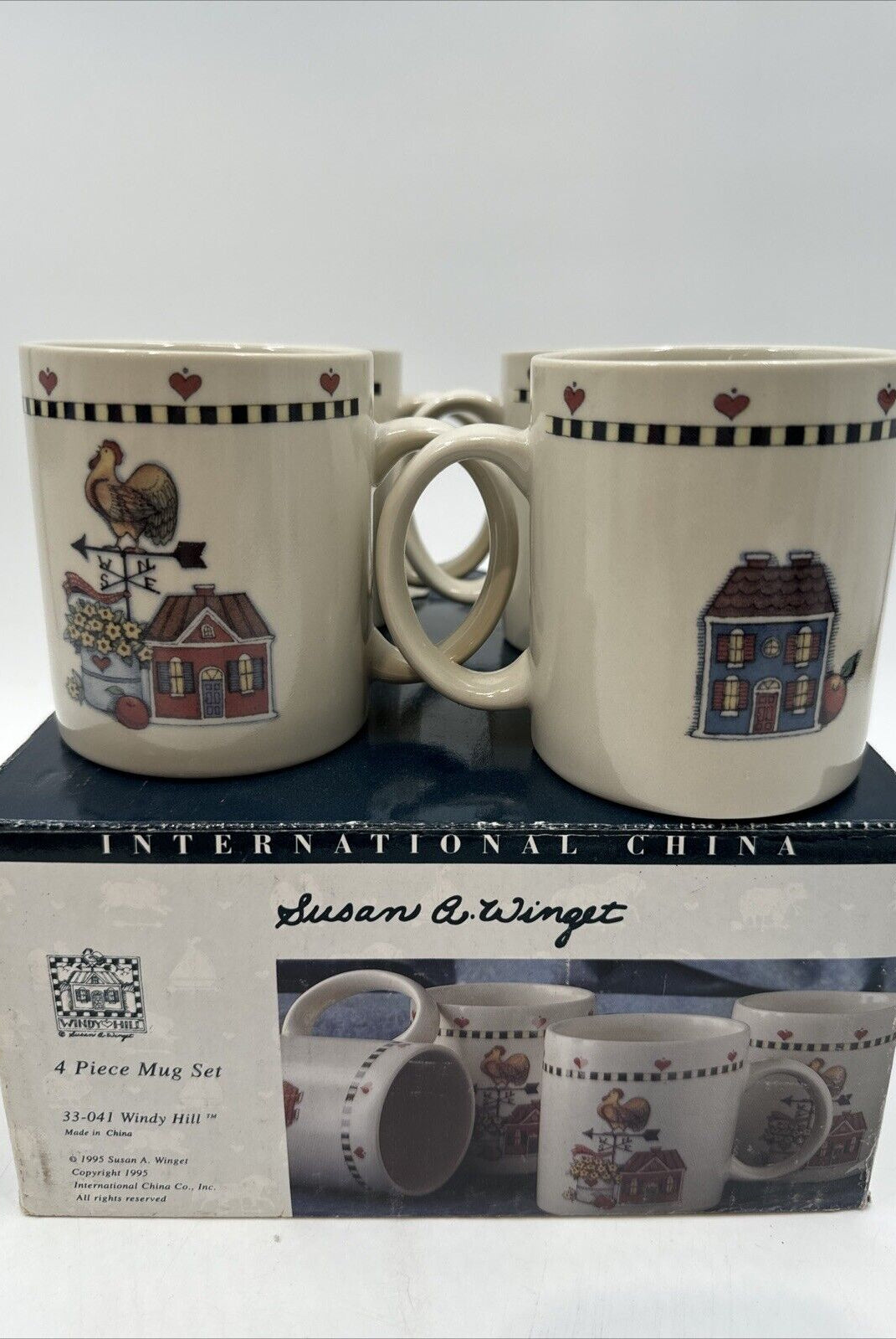 Certified International Susan Winget 4- Coffee Mugs Windy Hill Scene NIB