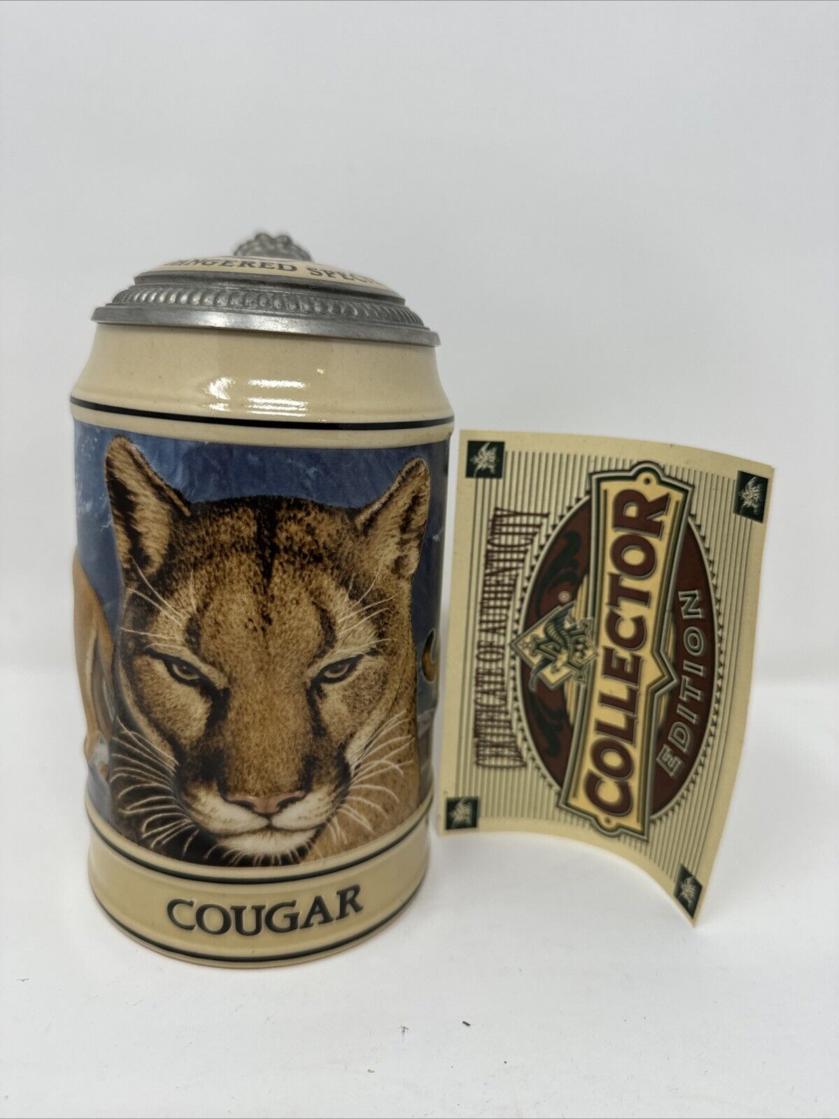 Vintage Budweiser, Cougar Endangered Species Lidded  Stein 1994 , Handcrafted,