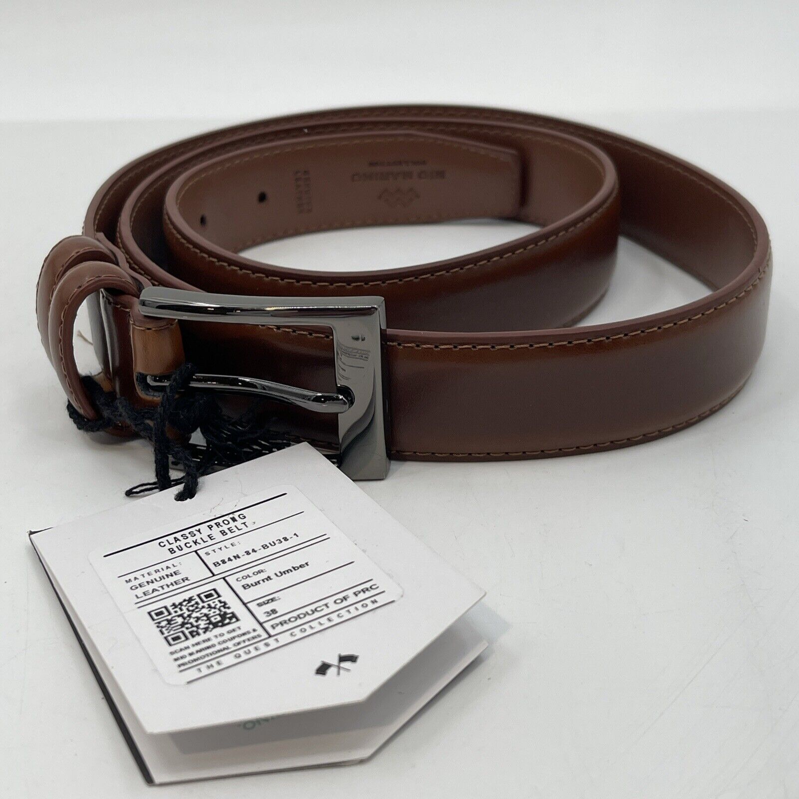 Mio Marino Belt Tan Brown Leather Buckle Prong Dress Belt Size 38 NEW