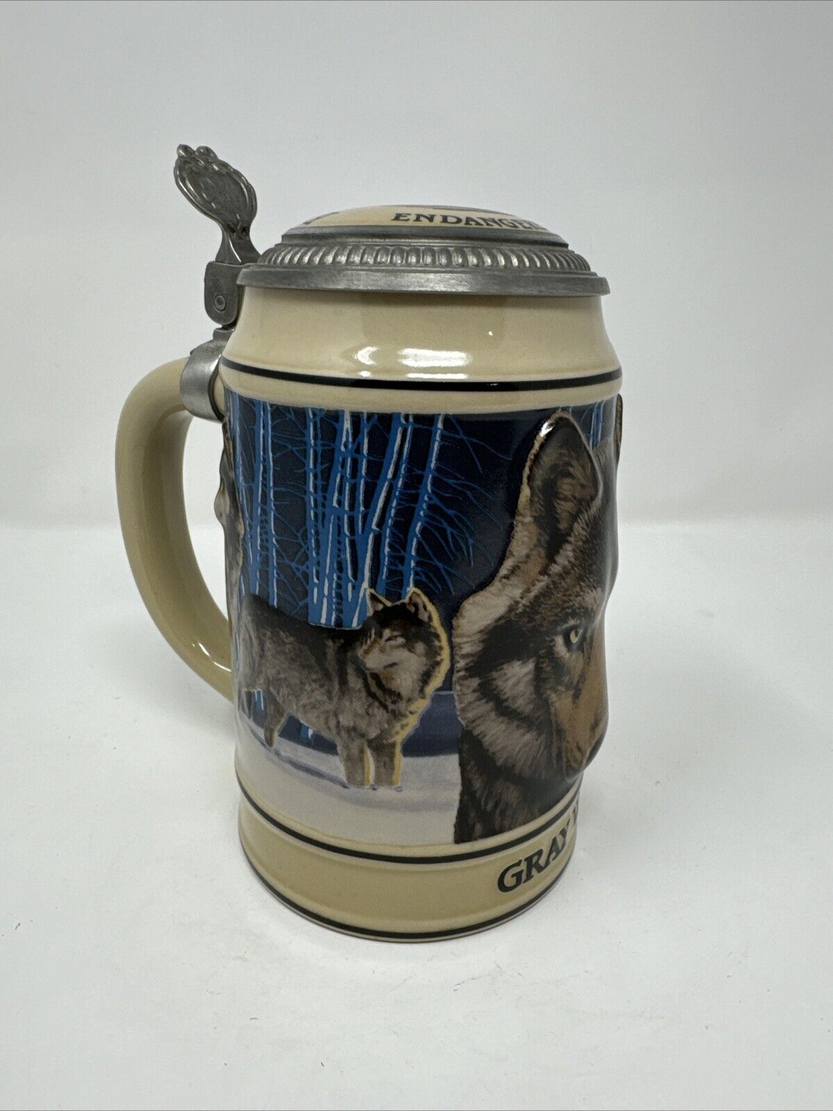 Vintage 1989 Budweiser Gray Wolf Endangered Species Ceramic Lidded Beer Stein