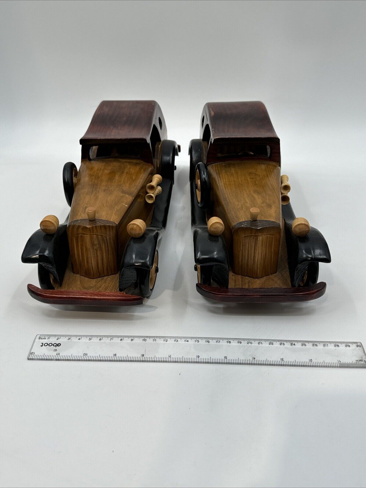 Vintage Wooden Antique Mid Century Model Old Automobile Classic Car Handmade x2