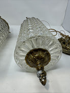 2 VTG 70's Diamond Cut Hollywood Regency Glass Pendant Hanging Light w/ Brass