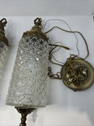 2 VTG 70's Diamond Cut Hollywood Regency Glass Pendant Hanging Light w/ Brass