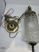 2 VTG 70's Diamond Cut Hollywood Regency Glass Pendant Hanging Light w/ Brass