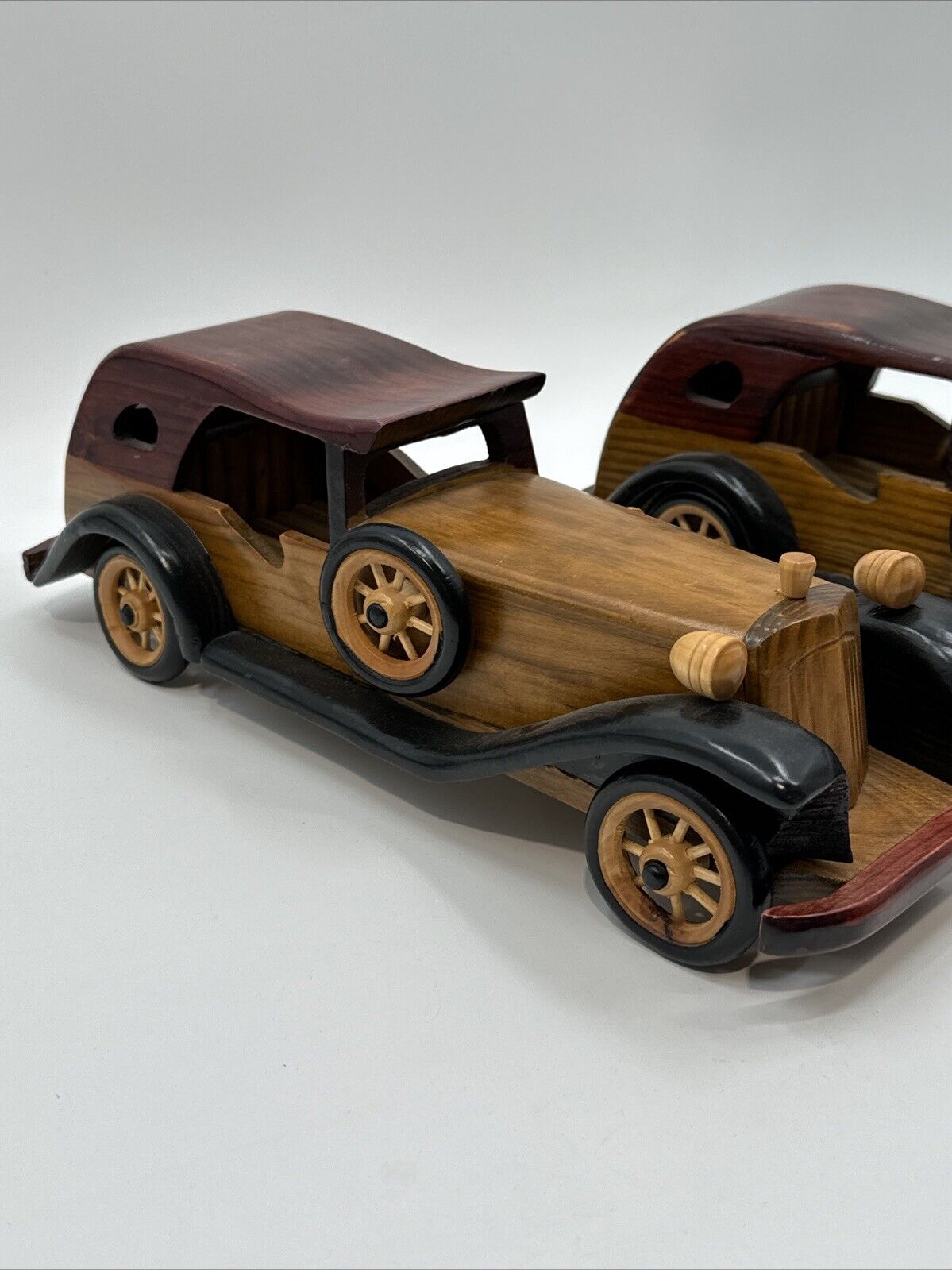 Vintage Wooden Antique Mid Century Model Old Automobile Classic Car Handmade x2