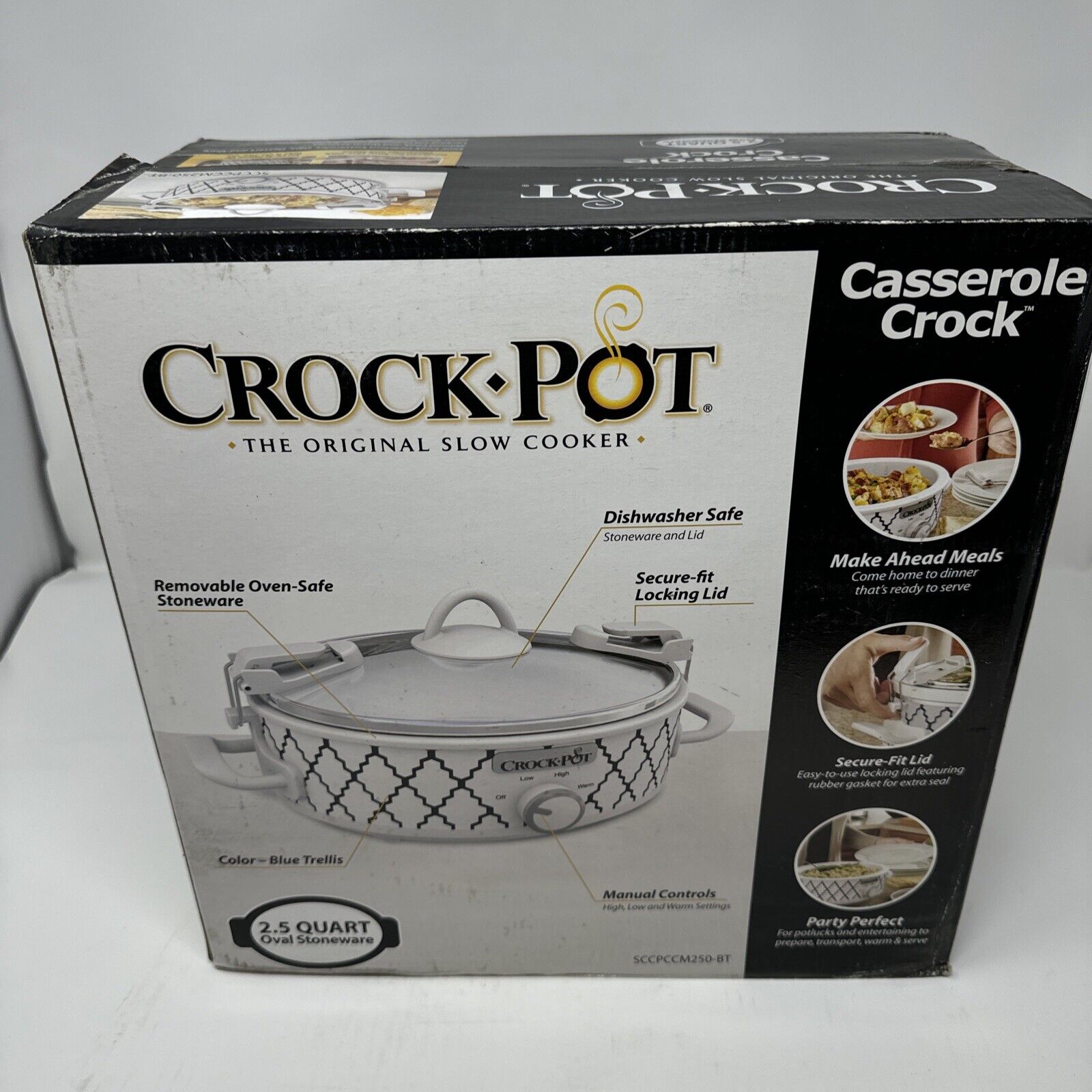 CrockPot 2.5 Quart Casserole Crock ~ Slow Cooker ~ White & Blue ~ NOB