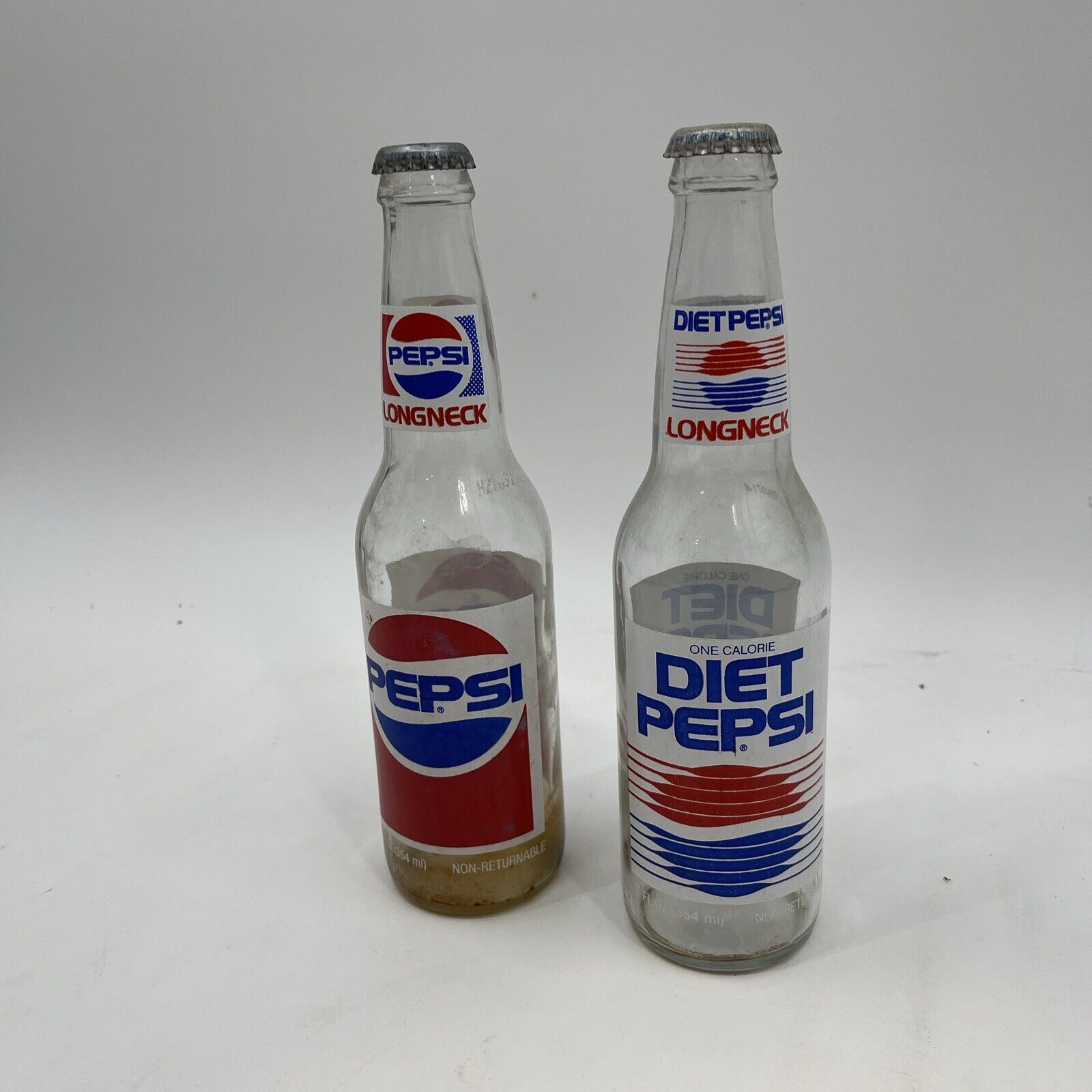 Vintage Clear Glass Long Neck Pepsi Bottle + Diet Pepsi Bottle  - 12 oz.